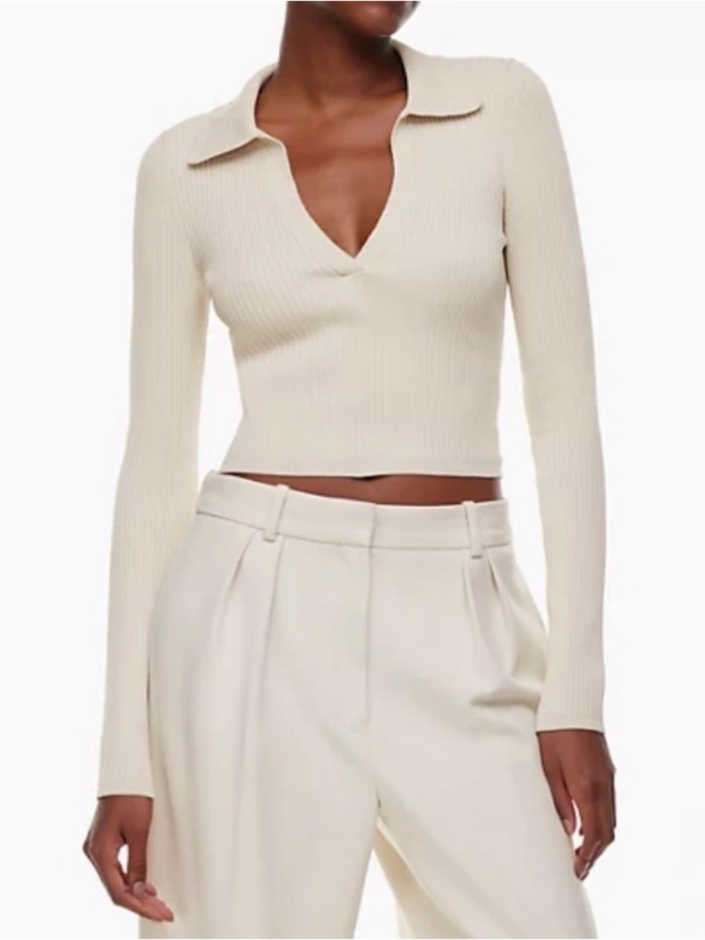 Aritzia Babaton Sculpt Knit Ribbed Matte Pearl Polo Long Sleeve Cropped Top Sz S